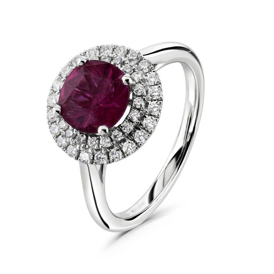 Dipples-18ct White Gold Round Cut Rubellite & 2-Row Diamond Halo Cluster Ring-Dipples Jewellers