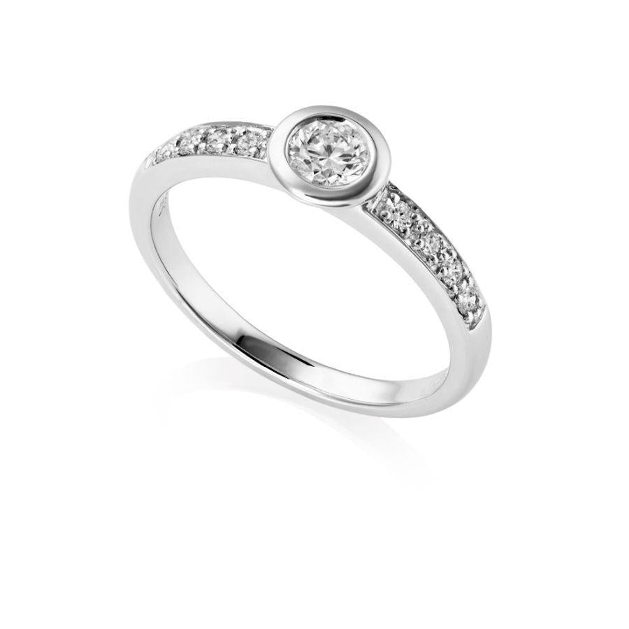 Dipples-18ct White Gold Rubover Set Round Brilliant Cut Solitaire Ring with Diamond Shoulders-Dipples Jewellers