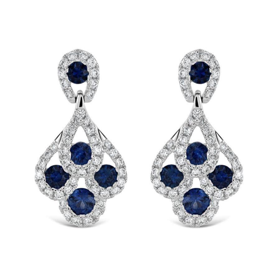 Dipples-18ct White Gold Sapphire & Diamond Peacock Feather Drop Earrings-Dipples Jewellers