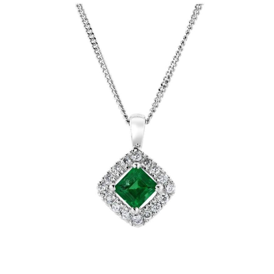 Dipples-18ct White Gold Square Cut Emerald & Diamond Halo Cluster Pendant & Chain-Dipples Jewellers