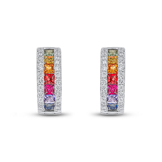Dipples-18ct White Gold Square Multi Sapphire & Diamond Huggy Hoop Earrings-Dipples Jewellers