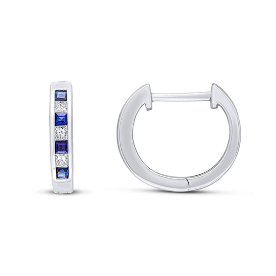 Dipples-18ct White Gold Square Sapphire & Diamond Channel Huggy Hoop Earrings 14mm-Dipples Jewellers