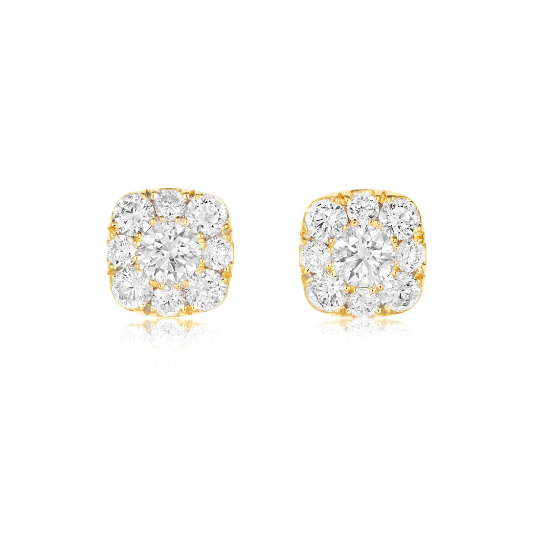 Dipples-18ct yellow gold cushion shaped cluster stud earrings set with brilliant cut claw set diamonds-Dipples Jewellers