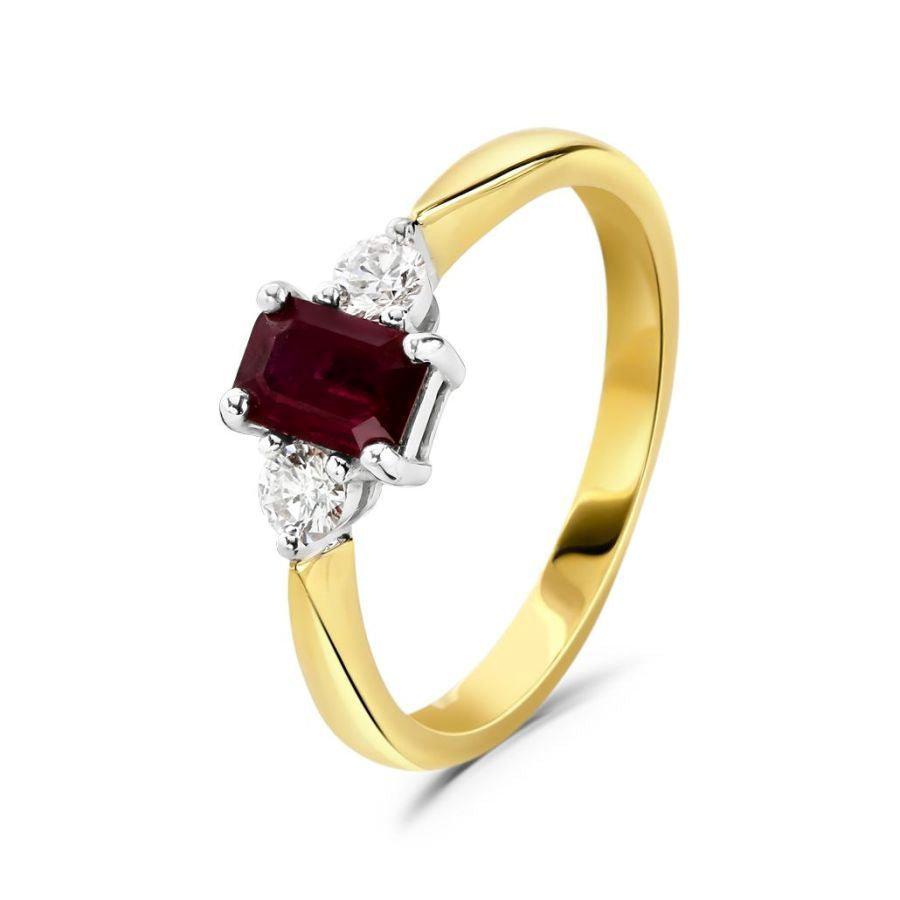 Dipples-18ct Yellow Gold Octagonal Cut Ruby & Round Brilliant Cut Diamond Trilogy Ring-Dipples Jewellers