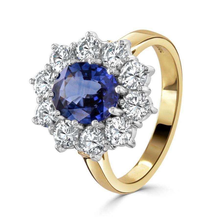Dipples-18ct Yellow Gold Oval Cut Sapphire & Round Brilliant Cut Diamond Cluster Ring-Dipples Jewellers