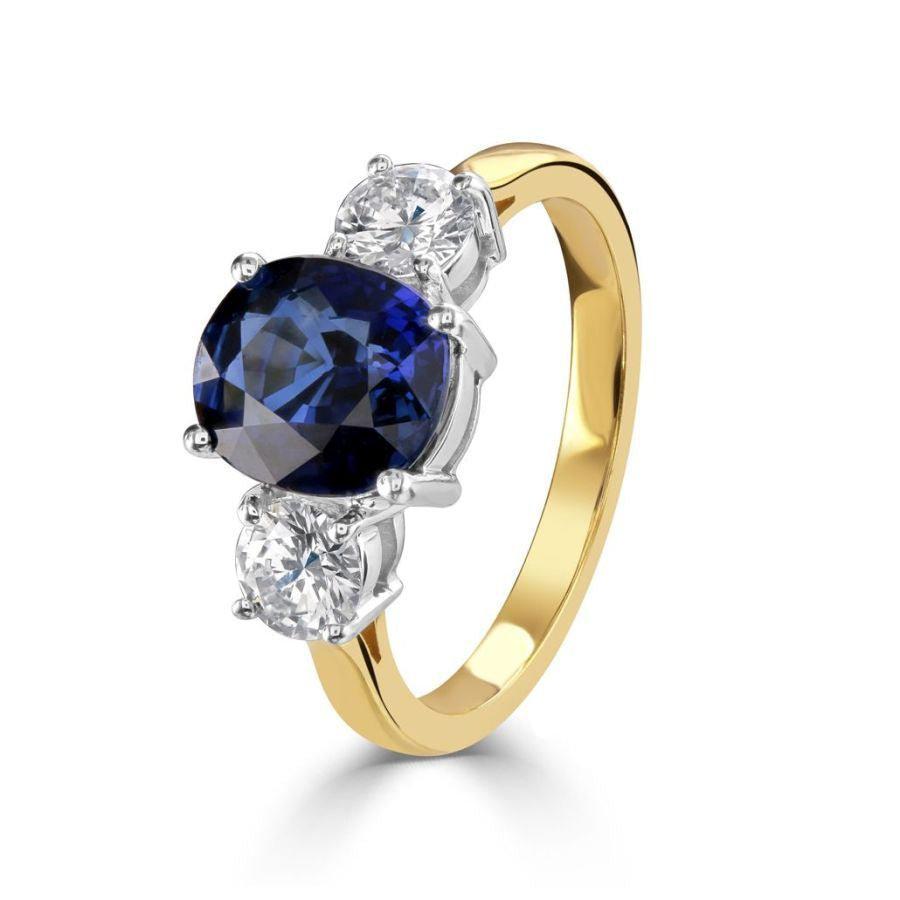 Dipples-18ct Yellow Gold Oval Cut Sapphire & Round Brilliant Cut Diamond Trilogy Ring-Dipples Jewellers