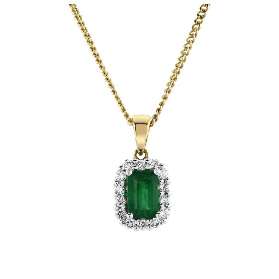 Dipples-18ct Yellow Gold Rectangular Cut Emerald & Diamond Cluster Pendant-Dipples Jewellers