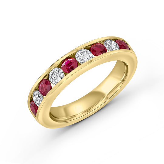 Dipples-18ct Yellow Gold Round Ruby & Diamond Channel Set 9 Stone Half Eternity Ring-Dipples Jewellers