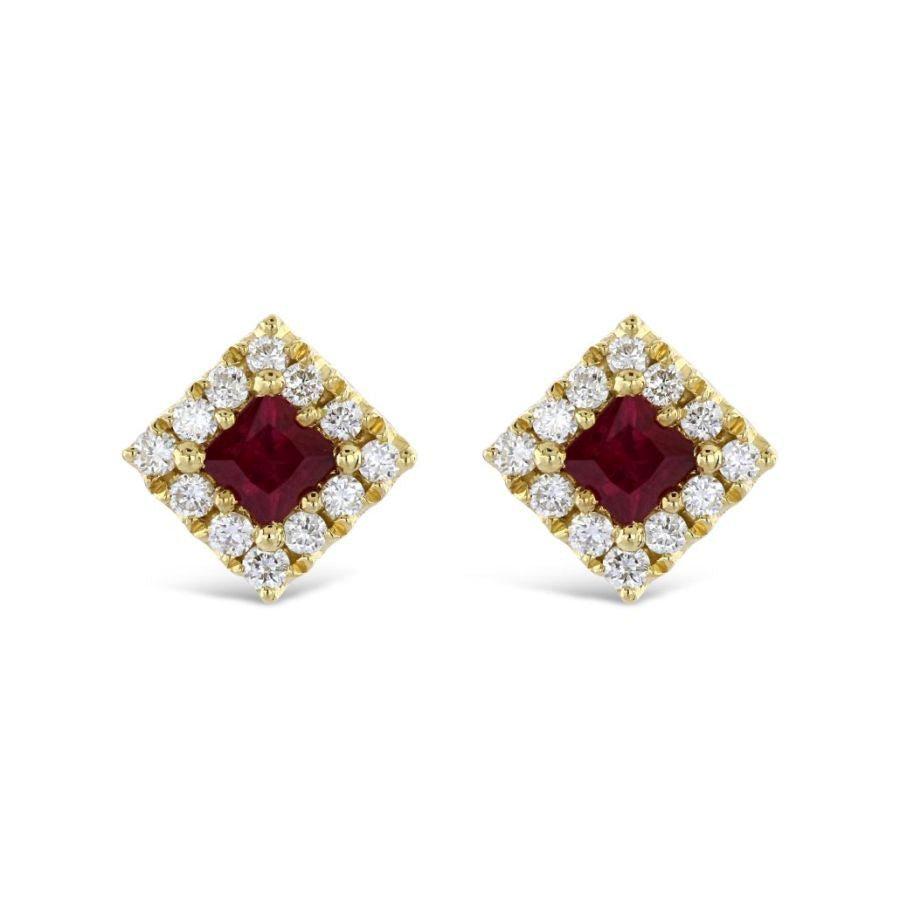 Dipples-18ct Yellow Gold Sqaure Cut Ruby & Diamond Halo Cluster Stud Earrings-Dipples Jewellers