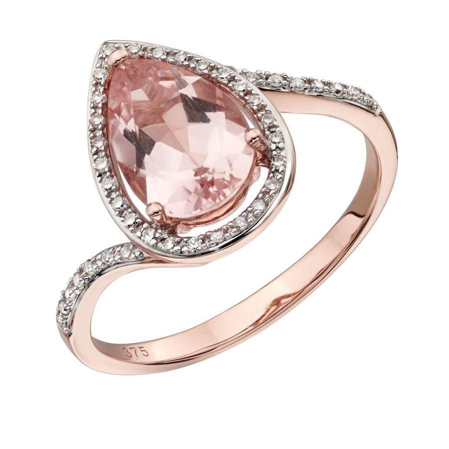 Dipples-9ct Rose Gold Pear Cut Morganite & Diamond Halo Cluster Ring with Diamond Shoulders-Dipples Jewellers