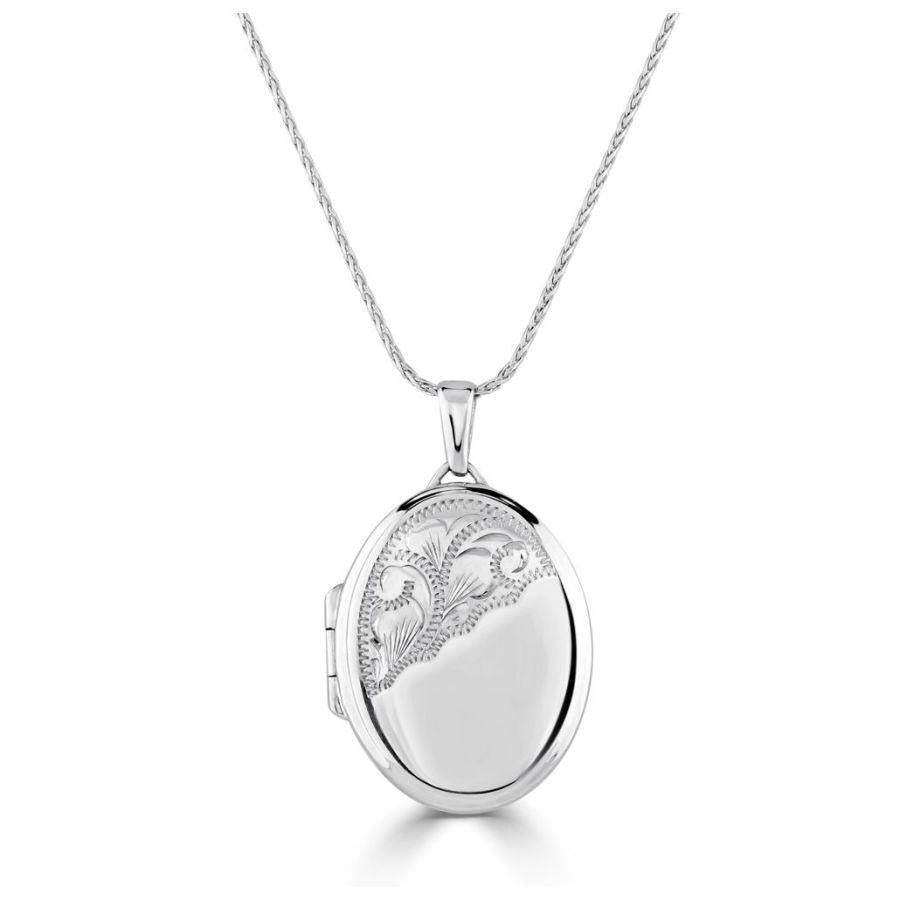 Dipples-9ct White Gold Half Engraved Oval Locket-Dipples Jewellers
