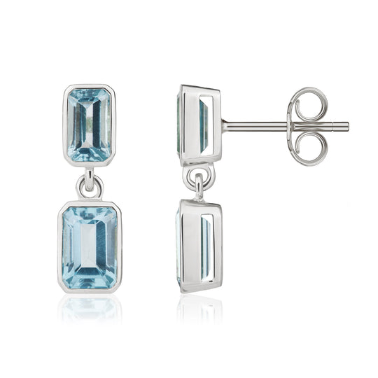 Dipples-9ct White Gold Octagonal Swiss Blue Topaz Double Stone Rubover Drop Earrings-Dipples Jewellers