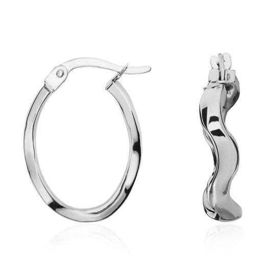 Dipples-9ct White Gold Polished Wavy Oval Hoop Earrings 21x15.5mm-Dipples Jewellers