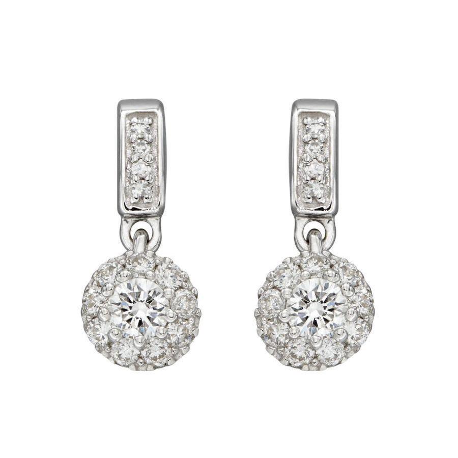 Dipples-9ct White Gold Round Brilliant Cut Diamond Halo Cluster Drop Earrings-Dipples Jewellers