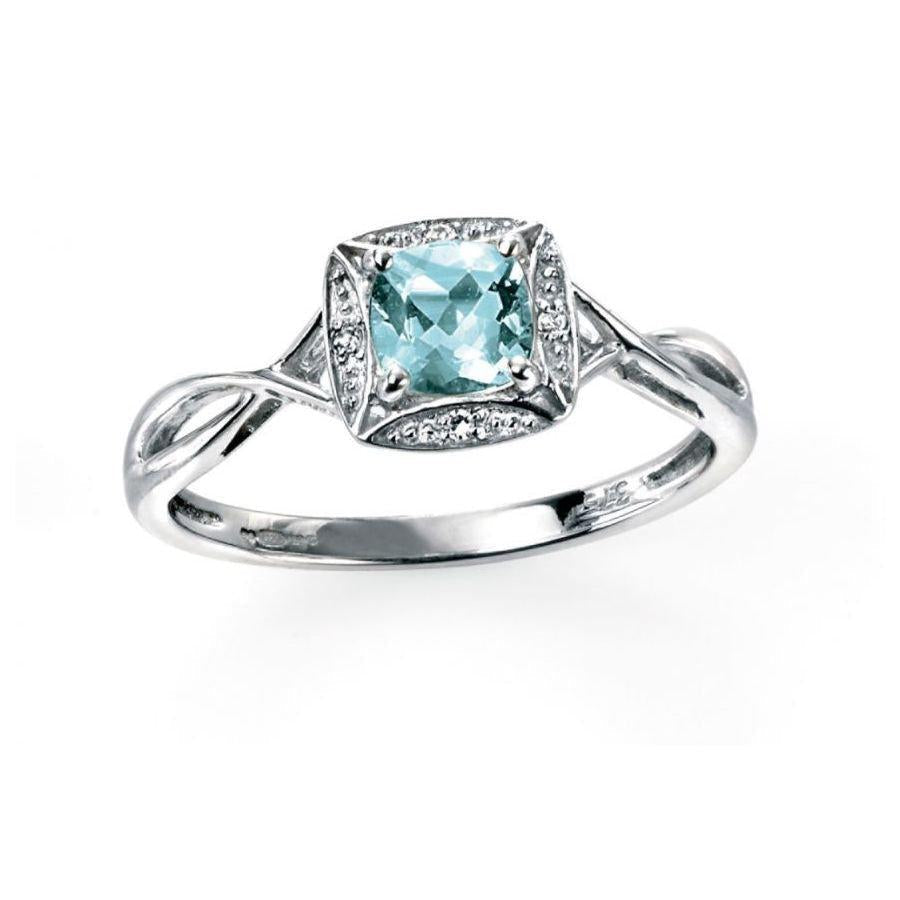 Dipples-9ct White Gold Round Cut Aquamarine & Square Shaped Diamond Halo Twist Ring-Dipples Jewellers