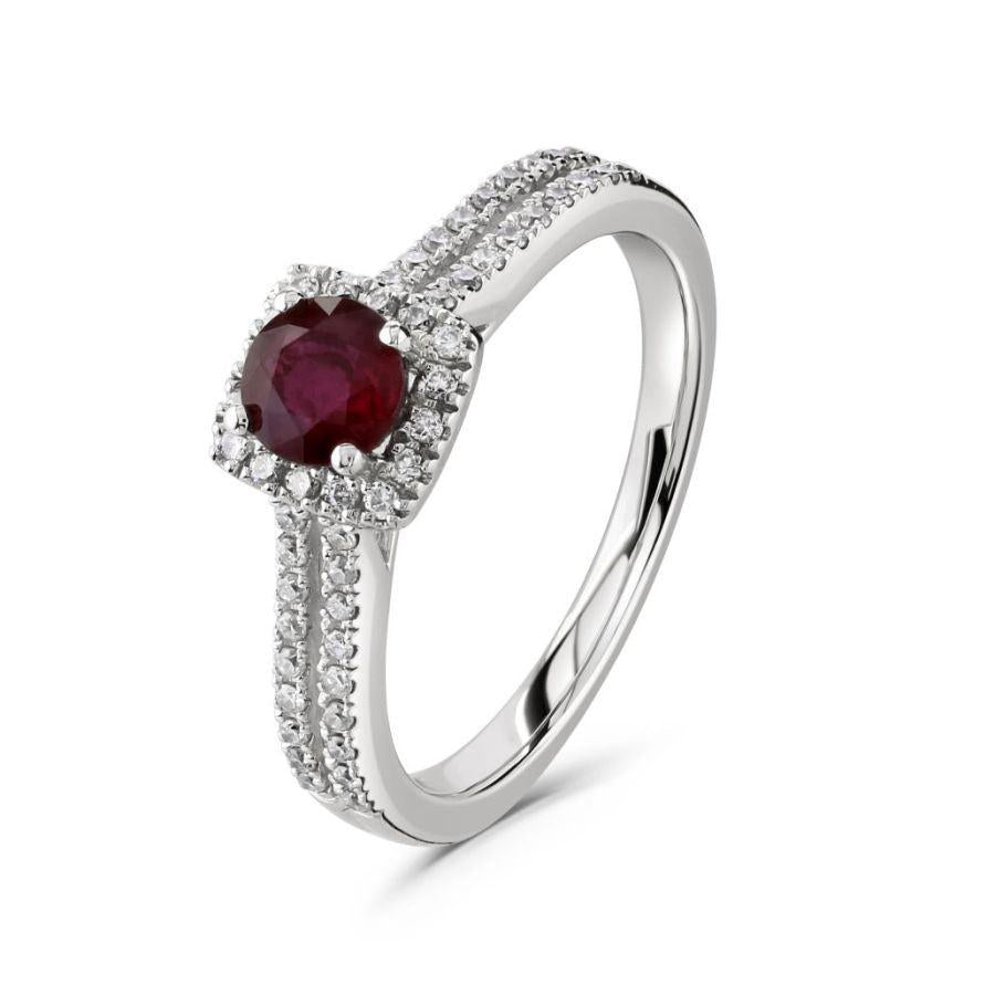Dipples-9ct White Gold Round Cut Ruby & Diamond Halo Cluster Ring with Split Diamond Shoulders-Dipples Jewellers