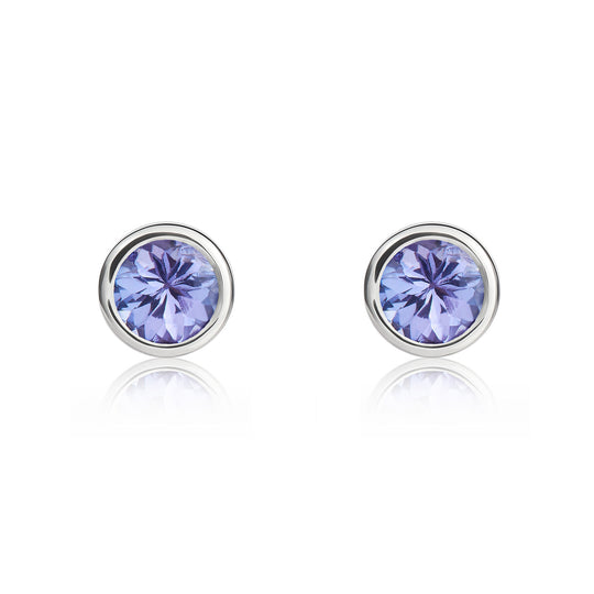 Dipples-9ct White Gold Round Tanzanite Rubover Stud Earrings 4mm-Dipples Jewellers