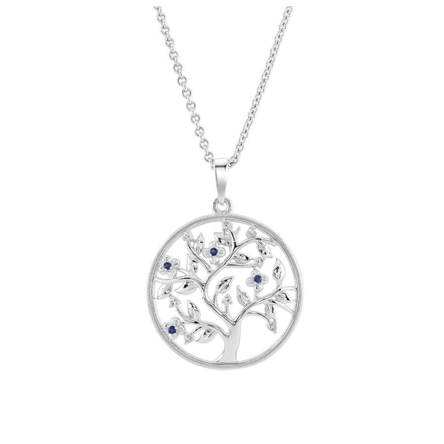 Dipples-9ct White Gold Sapphire & Diamond Tree of Life Pendant & Chain-Dipples Jewellers