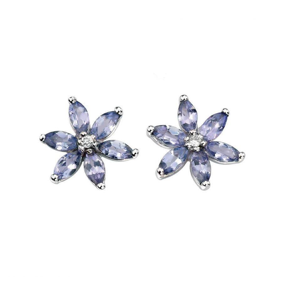 Dipples-9ct White Gold Tanzanite & Diamond Floral Stud Earrings-Dipples Jewellers