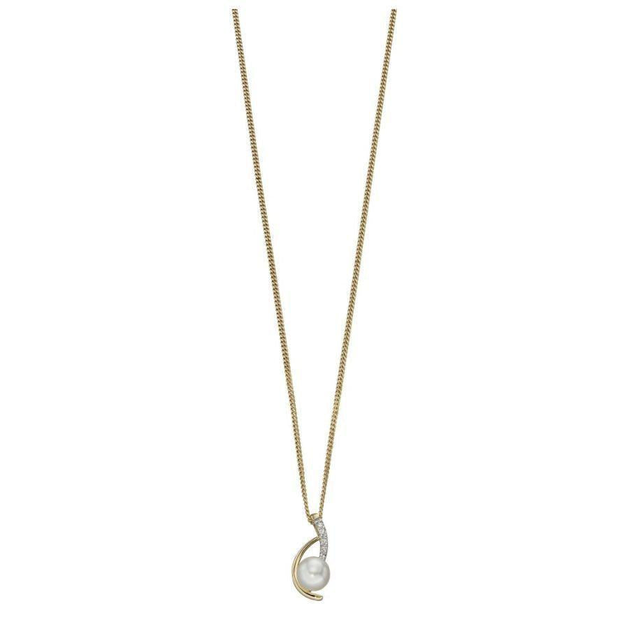 Dipples-9ct Yellow Gold Cultured Feshwater Pearl & Diamond Set Swirl Pendant-Dipples Jewellers