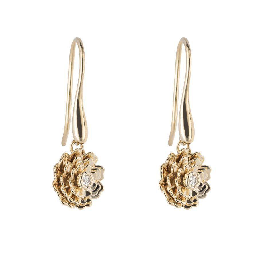 Dipples-9ct Yellow Gold Diamond Set Peony Hook Drop Earrings-Dipples Jewellers