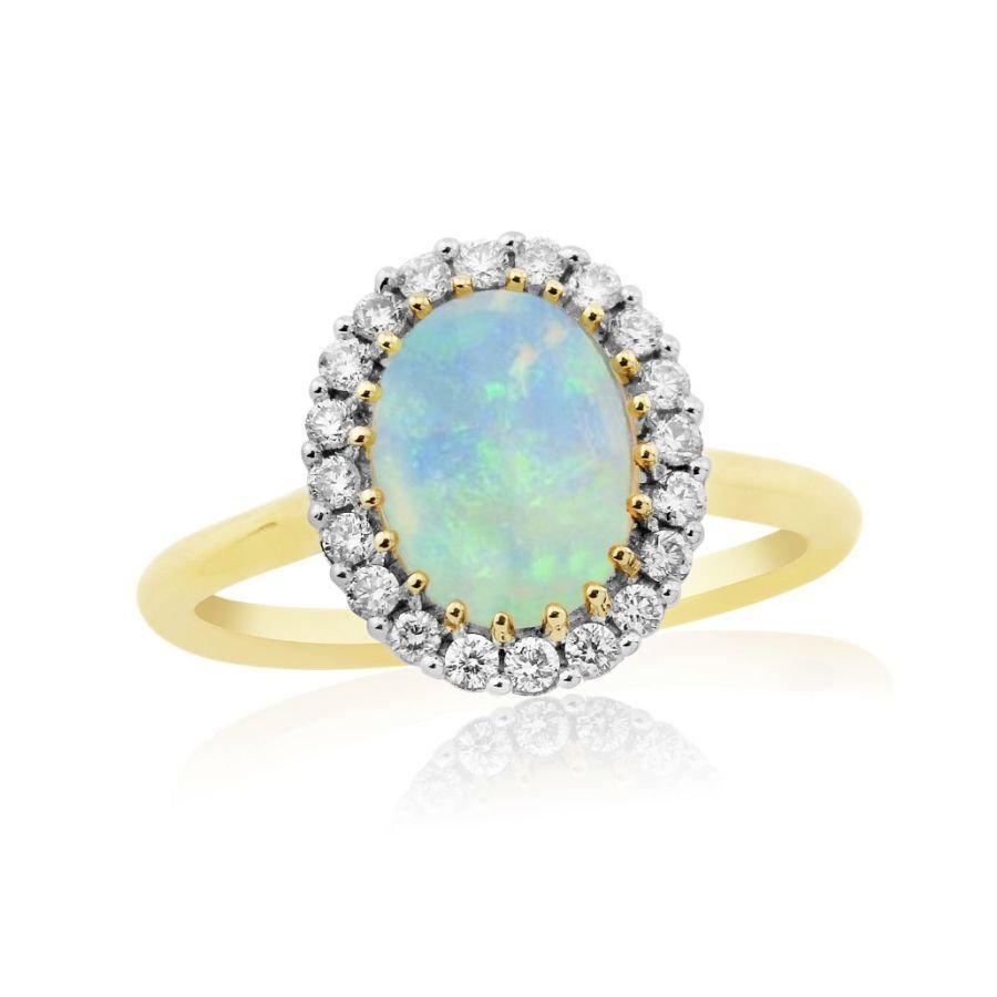 Dipples-9ct Yellow Gold Oval Cut Opal & Diamond Halo Cluster Ring-Dipples Jewellers