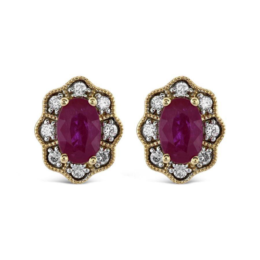 Dipples-9ct Yellow Gold Oval Cut Ruby & Diamond Cluster Stud Earrings-Dipples Jewellers
