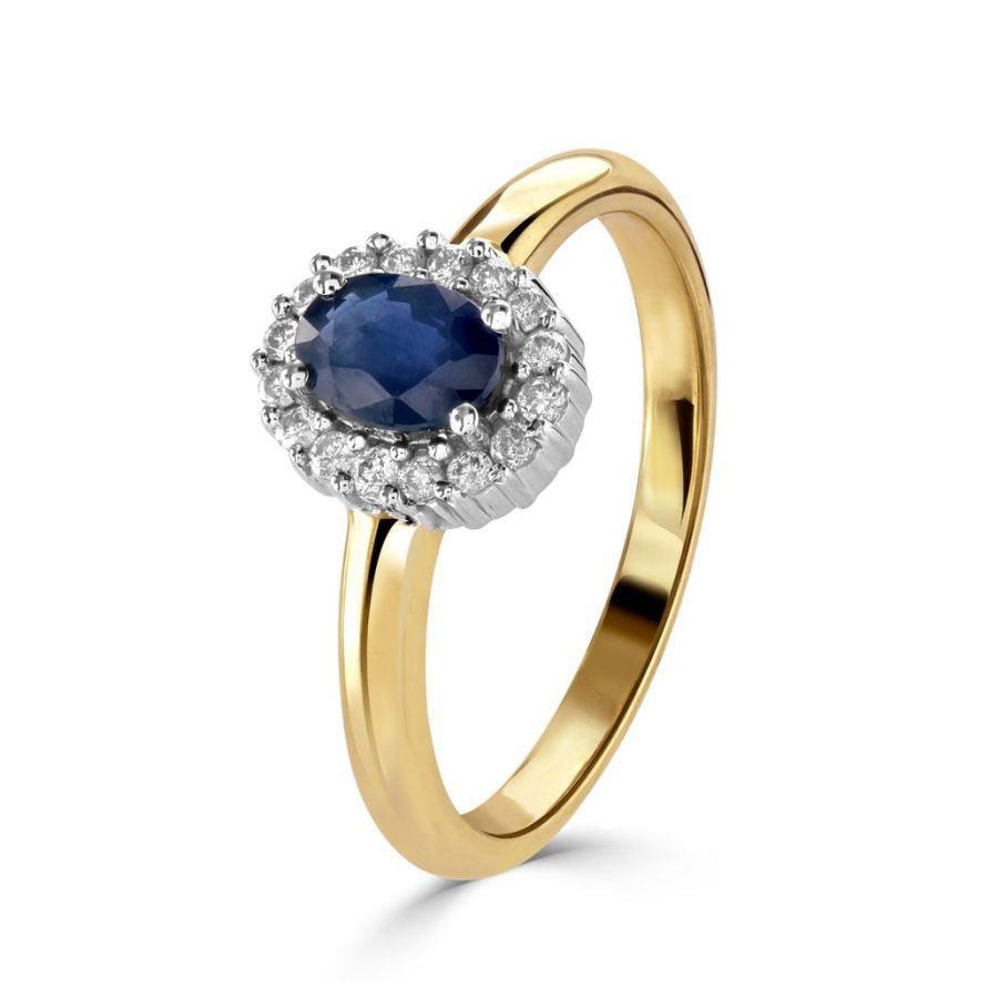 Dipples-9ct Yellow Gold Oval Cut Sapphire & Round Brilliant Cut Diamond Halo Cluster Ring-Dipples Jewellers