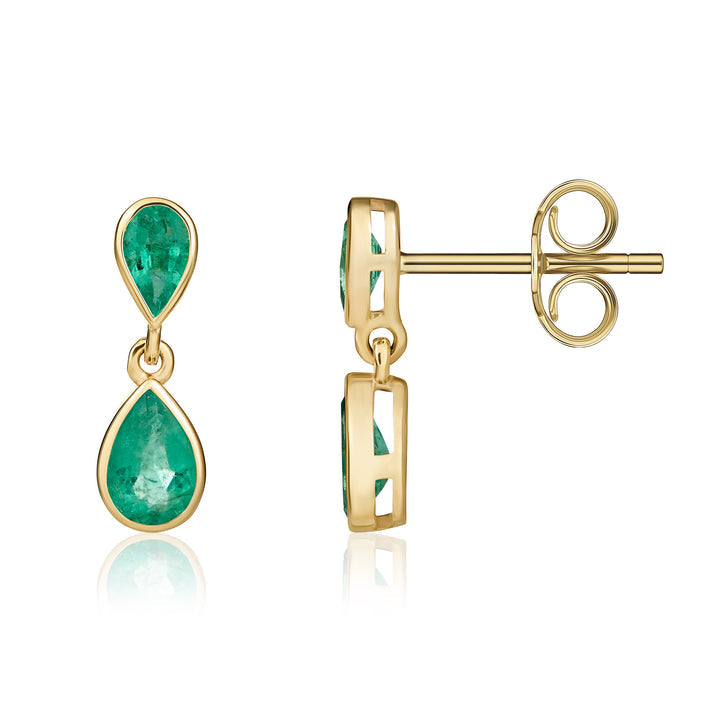 Dipples-9ct yellow gold pear-shaped Emerald 2-stone rubover set drop earrings-Dipples Jewellers