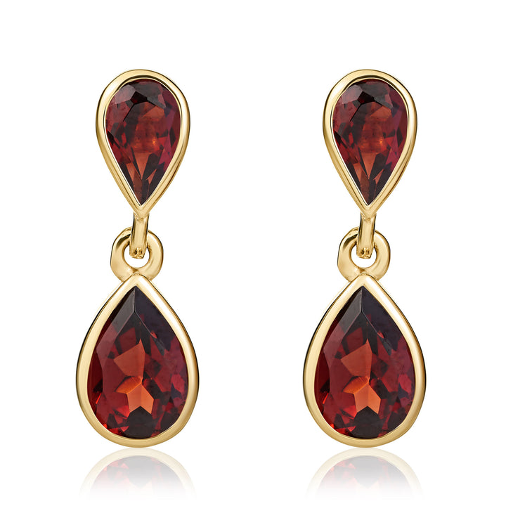 Dipples-9ct yellow gold pear shaped garnet drop earrings-Dipples Jewellers