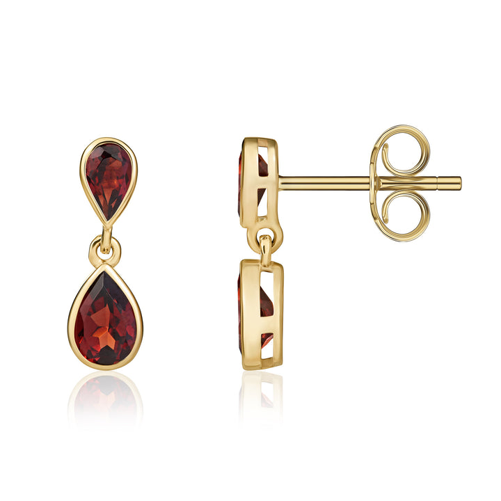 Dipples-9ct yellow gold pear shaped garnet drop earrings-Dipples Jewellers
