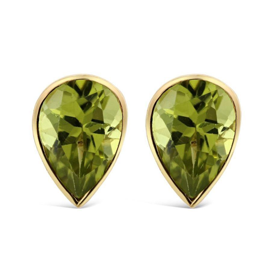 Dipples-9ct Yellow Gold Pear-Shaped Rubover Set Peridot Stud Earrings-Dipples Jewellers