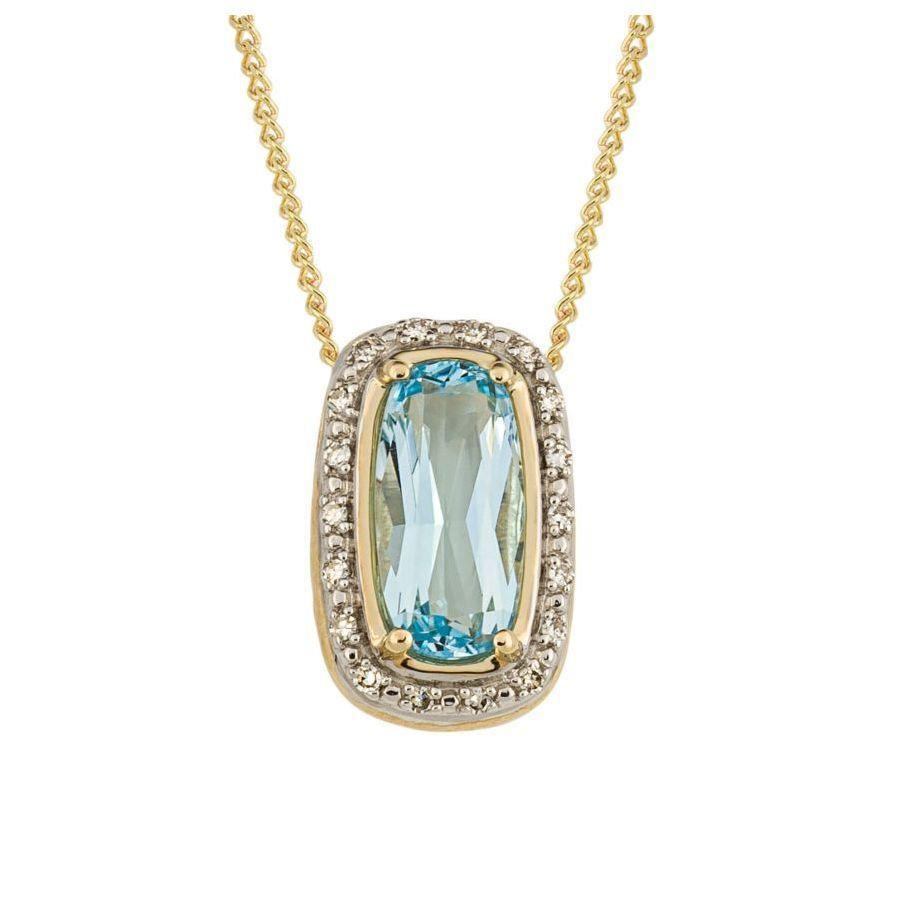 Dipples-9ct Yellow Gold Rectangular Cut Blue Topaz and Diamond Halo Pendant-Dipples Jewellers