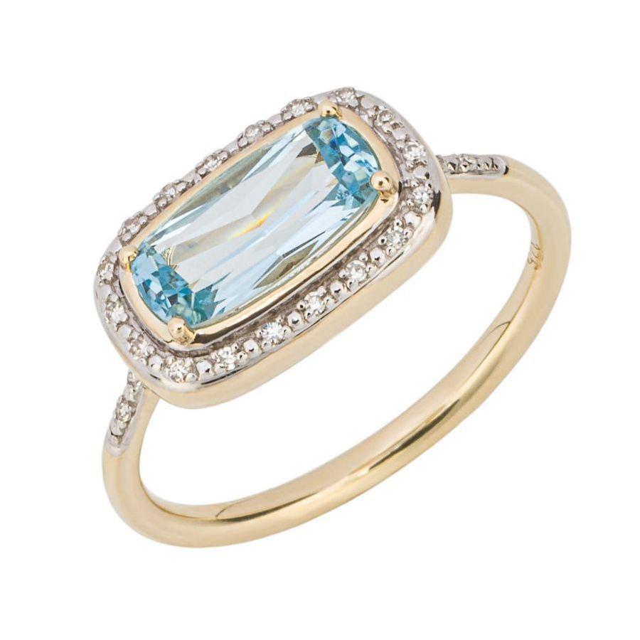 Dipples-9ct Yellow Gold Rectangular Cut Blue Topaz & Diamond Halo Cluster Ring-Dipples Jewellers