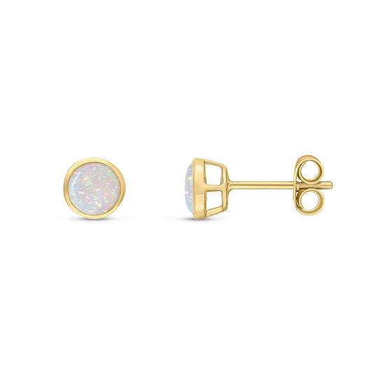 Dipples-9ct Yellow Gold Round Opal Rubover Stud Earrings 5mm-Dipples Jewellers