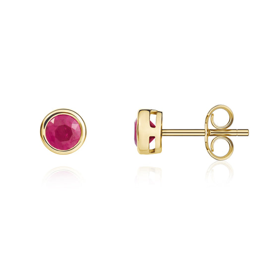 Dipples-9ct Yellow Gold Round Ruby Rubover Stud Earrings 4mm-Dipples Jewellers