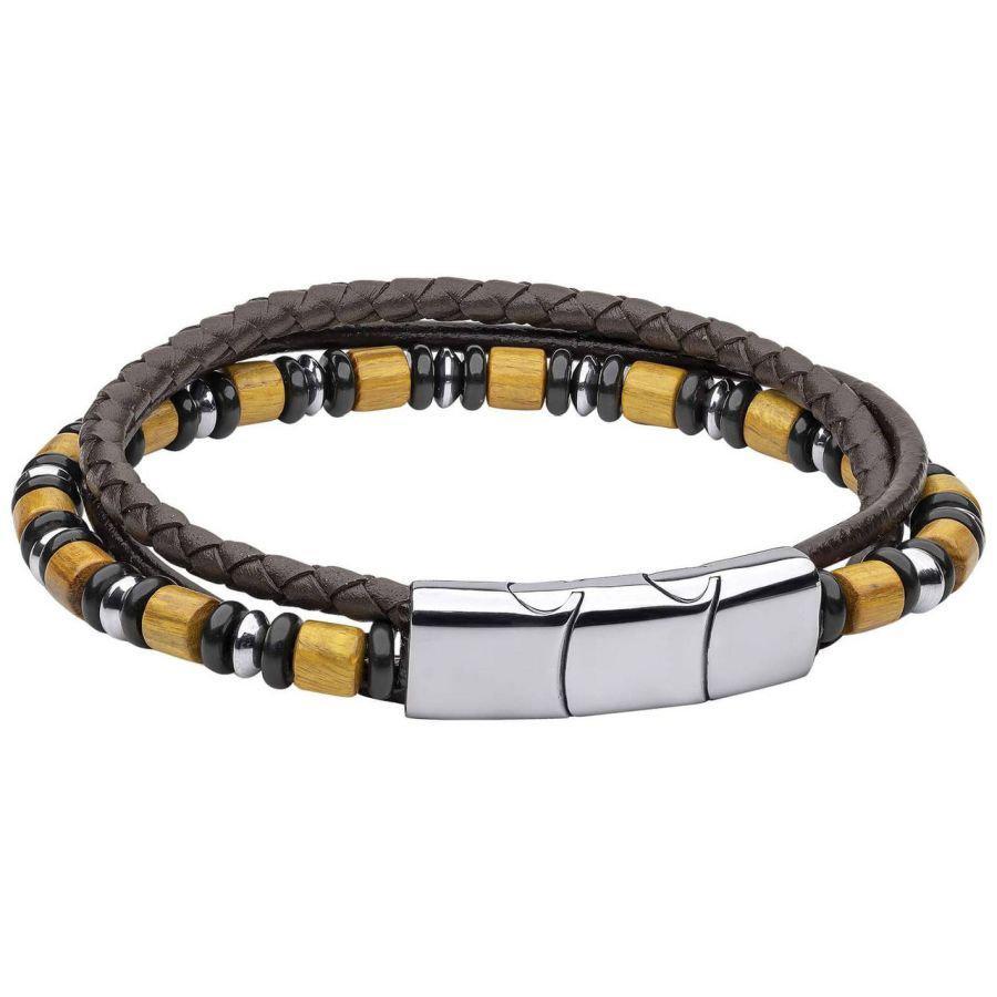 Dipples-Fred Bennett Multi Layered Leather Bracelet with Wood and Black Onyx Beads-Dipples Jewellers