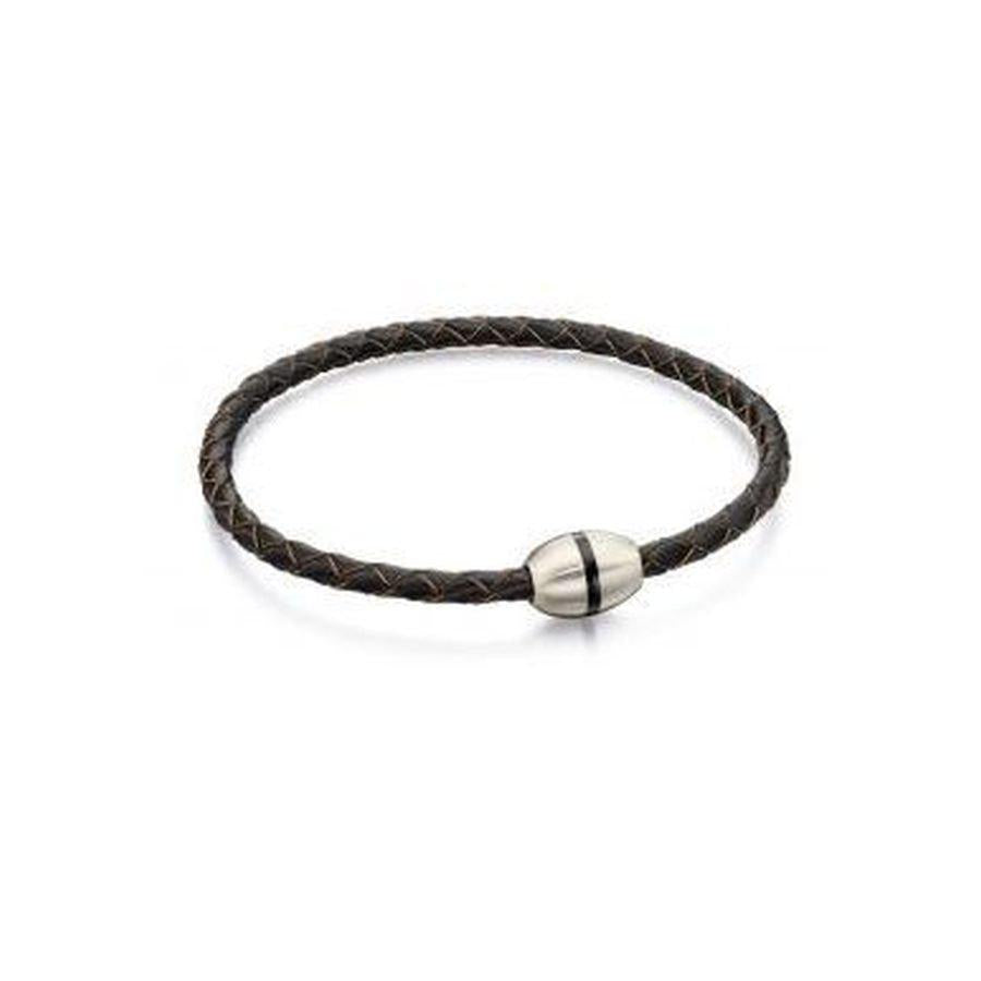 Dipples-Fred Bennett Stainless Steel & Brown Leather Thin Bracelet-Dipples Jewellers