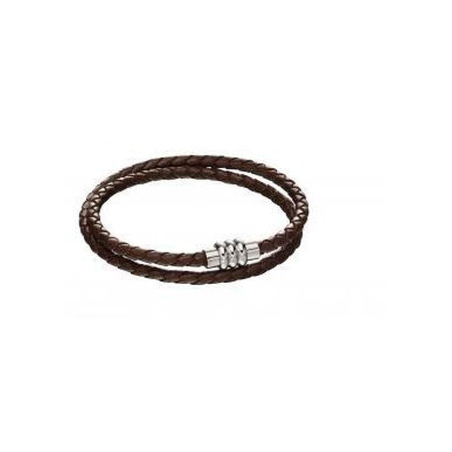 Dipples-Fred Bennett Stainless Steel & Brown Leather Wrap Around Bracelet-Dipples Jewellers