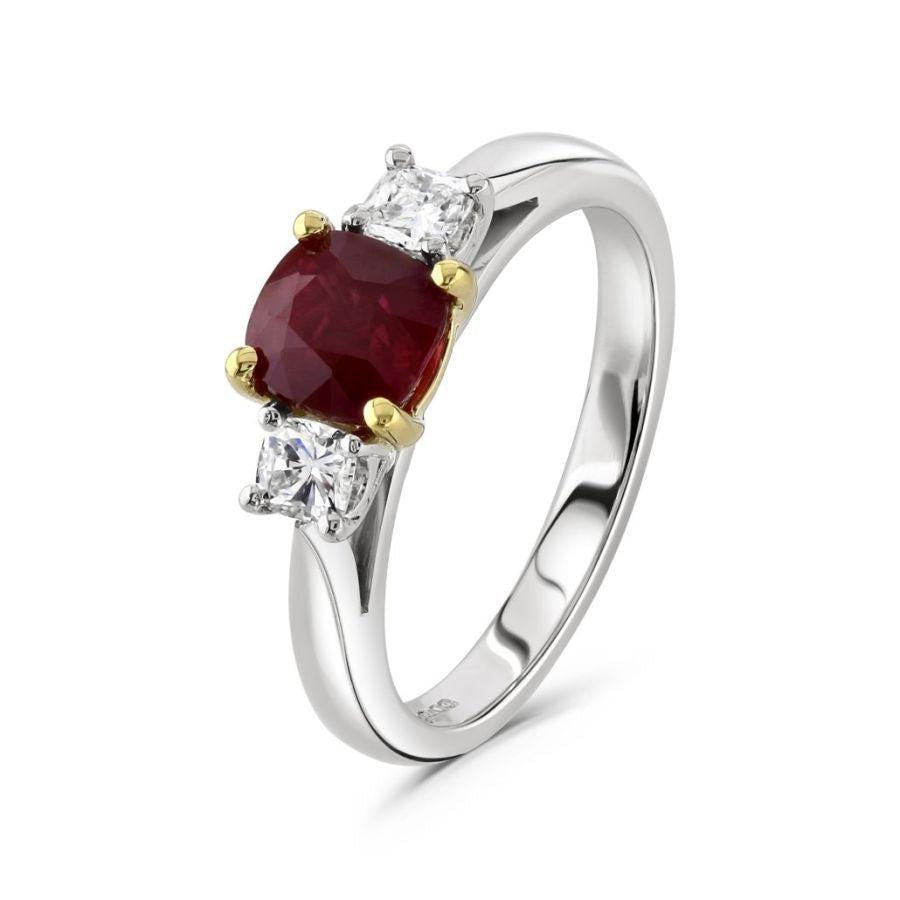 Dipples-Platinum & 18ct Yellow Gold Cushion Cut Ruby & Round Brilliant Cut Diamond Trilogy Ring-Dipples Jewellers