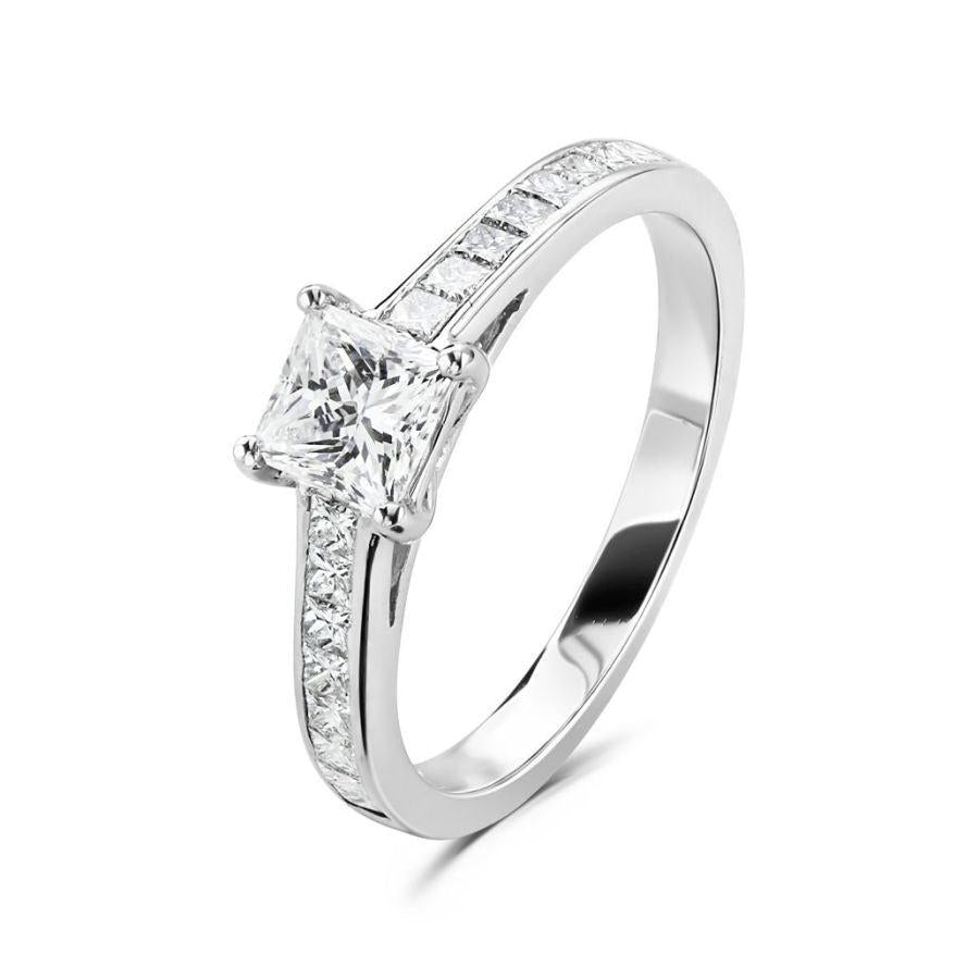Dipples-Platinum 4 claw set princess cut Diamond solitaire ring with princess cut Diamond shoulders-Dipples Jewellers