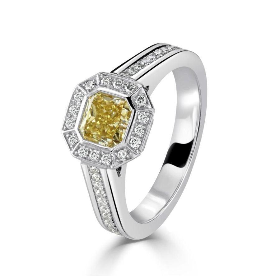 Dipples-Platinum Asscher Cut Fancy Yellow Diamond & Diamond Halo Cluster Ring with Diamond Shoulders-Dipples Jewellers