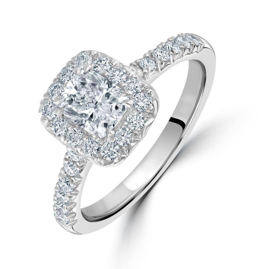 Dipples-Platinum Cushion Cut Diamond Halo Ring with Diamond Shoulders-Dipples Jewellers