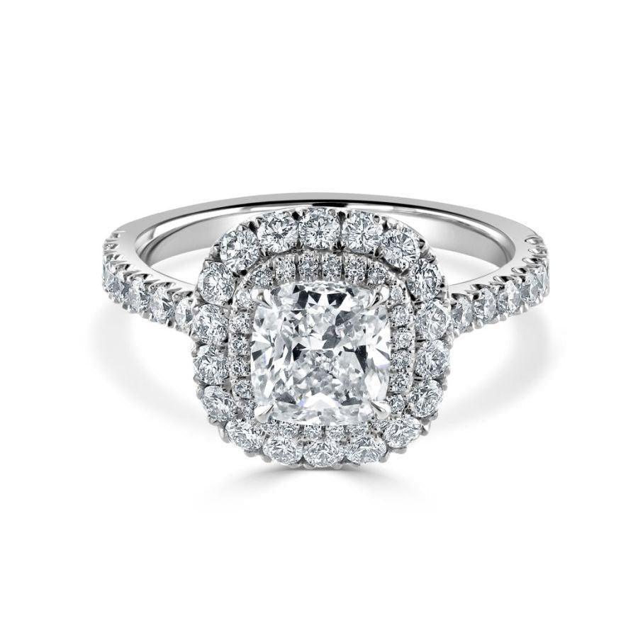 Dipples-Platinum Cushion Shaped Diamond Double Halo Cluster Ring with Diamond Shoulders-Dipples Jewellers
