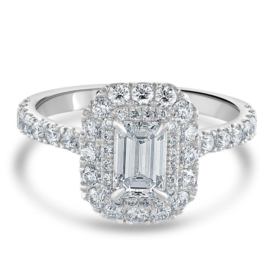 Dipples-Platinum Emerald Cut Diamond Double Halo Cluster Ring with Diamond Shoulders-Dipples Jewellers