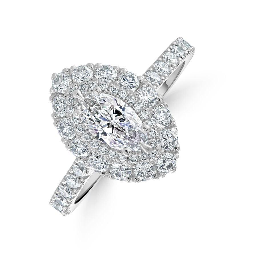 Dipples-Platinum Marquise-Shaped Diamond Double Halo Cluster Ring with Diamond Shoulders-Dipples Jewellers