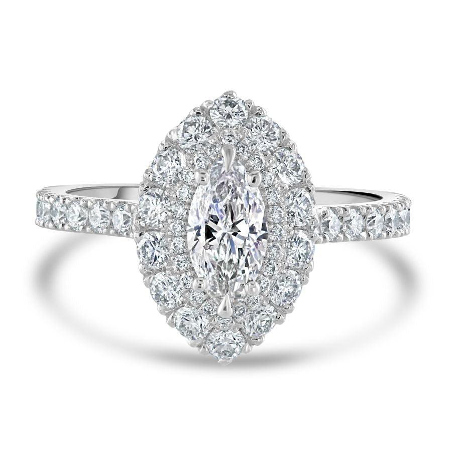 Dipples-Platinum Marquise-Shaped Diamond Double Halo Cluster Ring with Diamond Shoulders-Dipples Jewellers