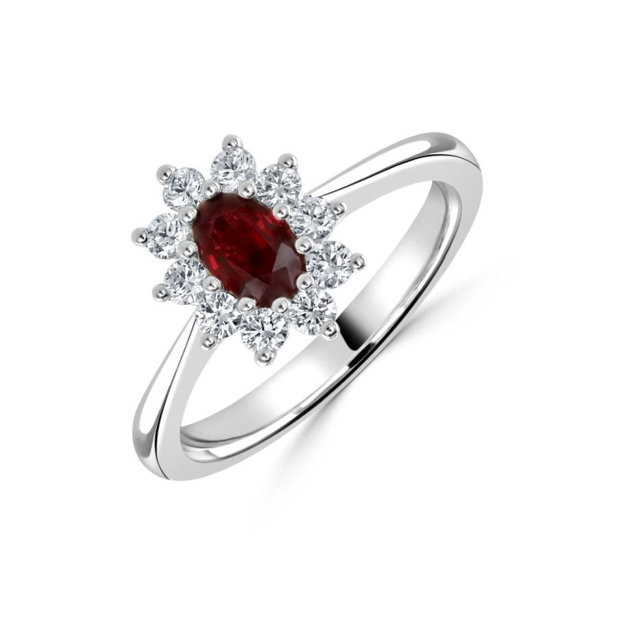 Dipples-Platinum oval ruby and diamond cluster claw set ring-Dipples Jewellers
