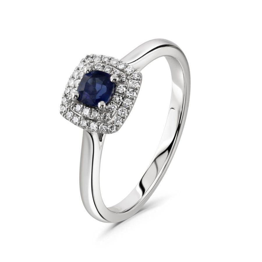 Dipples-Platinum Round Cut Sapphire & Diamon Cushion Shaped Double Halo Cluster Ring-Dipples Jewellers