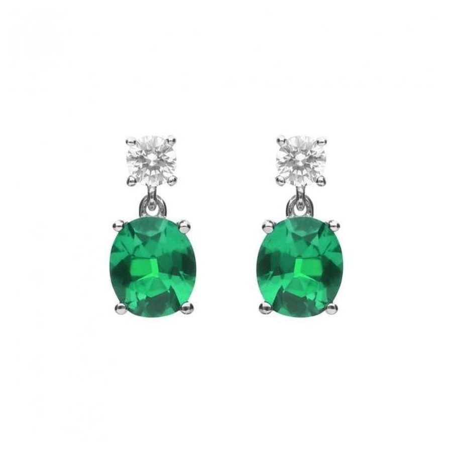Dipples-Silver Oval Green Cubic Zirconia Drop Earrings-Dipples Jewellers